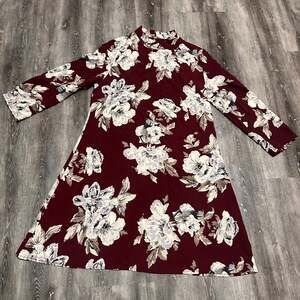 BLVD Burgundy Floral Mock Neck A-Line Dress Size Medium